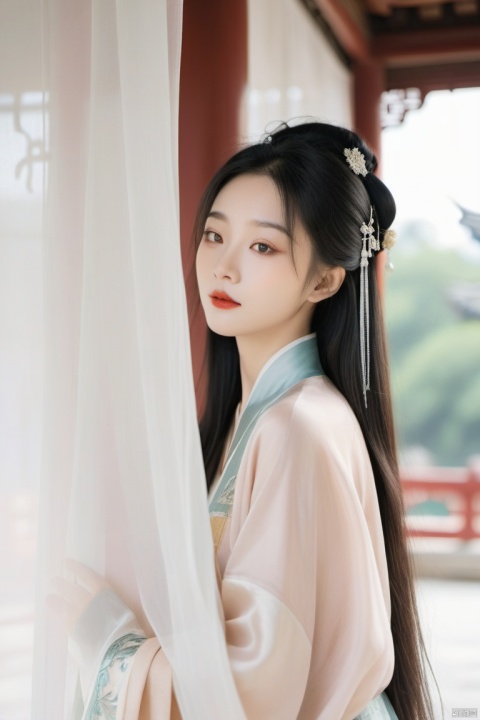 Chinese girl,Cover your face with simlebehind a silk curtain, frontview, half body short.exquisite clothing detail, (Long hair.),  Leave a lot of white space, zen,  graphic,Chinese ancient architecture