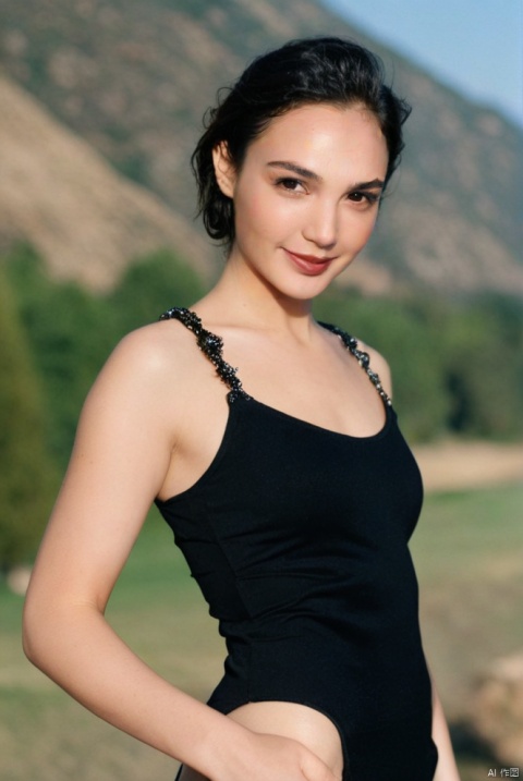  beautiful girl standing with beautiful vally in background, age 20, black short hair, waist shot, dynamic pose, smiling, dressed in fashion outfit, beautiful eyes, sweet makeup, 35mm lens, beautiful lighting, photorealistic, soft focus, kodak portra 800, 8k, Gal Gadot