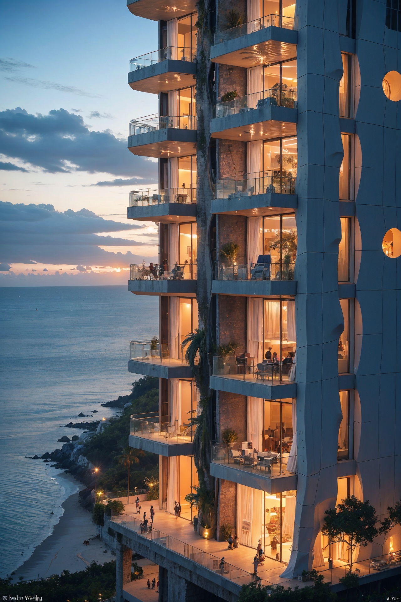 A futuristic seaside city at sunset, blending modernity with nature, with floating buildings and glass curtain walls reflecting the evening glow, where people leisurely stroll on the beach. A tropical seaside city, with white sands, azure seas, and lush greenery, featuring an eco-friendly high-tech residential area powered by sustainable energy.