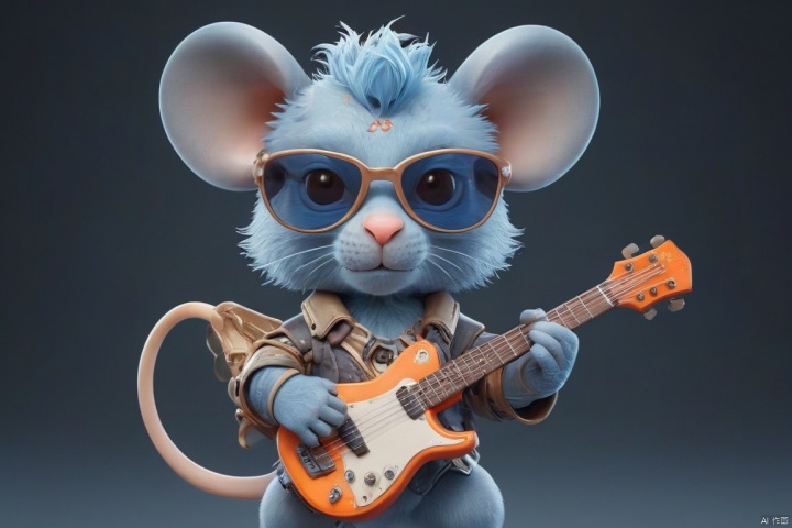  Surreality, a blue mouse Rex, (cute, wearing sunglasses), holding a concert, (playing lute, punk attire), rock music, 3D, C4D, smooth surface, exquisite details, mixed style, 3DIP