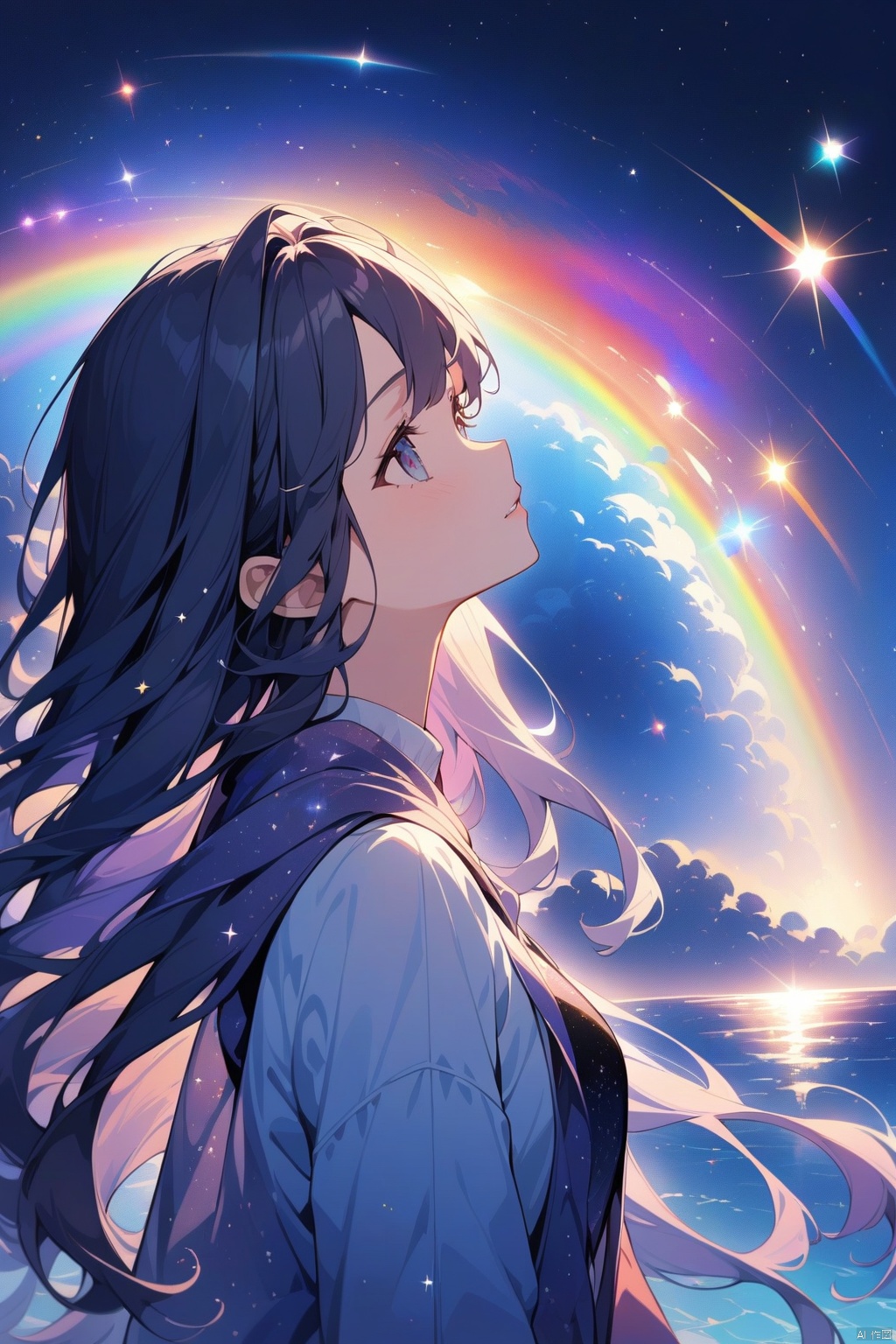  1 girl, lovely, long hair, closeup, portrait, upper body, face from left side, on the sea, under the starry sky, the sea reflects the starry sky, rainbow color light reflected on the girl's face, sparkling lights, magical atmosphere, pointillism, Silhouette view, Cosmic wonders, Mysterious and colorful, nebula light, cosmic light, galactic light, Astronomical view, Macroscopic perspective, perspective view, masterpiece, Illustration