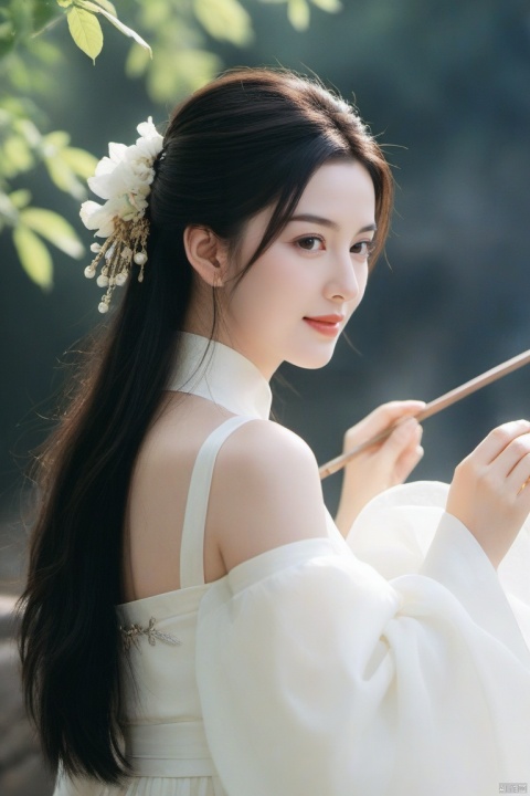  best quality, masterpiece,cowboy_shot,(Good structure),,a girl,xianjing,Off-the-shoulder, bust photo,upper body,Hanfu, Cloud, Smoke,branch,flower, smile,Gaze at the audience, Ink scattering_Chinese style, ((poakl)), ,looking_at_viewer,kind smile, , chinese dress,white dress, liuyifei,long_hair, Anne Hathaway,Monica Bellucci