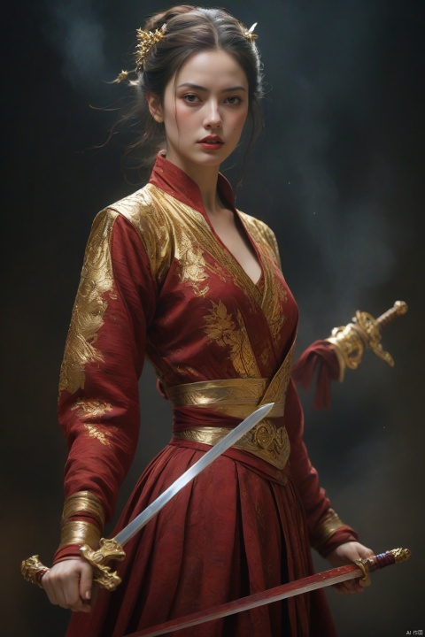  ultra high resolution,(((masterpiece))),(((best quality))),((super detailed)),((extremely delicate and beautiful)),cinematic light,detailed environment,(real),(1girl, solo:1.3),(holding sword:1.2),(dark red and light gold:1.3),(hair pulled back, floating hair:1.1),designed by greg manchess,smoke,a model woman,bright eyes,glossy lips,futuristic gold face war paint,trending on art station,photoreal,8 k,octane render by greg rutkowski,art by Carne Griffiths and Wadim Kashin,in the style of Dau-al-Set,Pollock,and inspired by MAPPA and Zdzislaw Beksinski,hanfu,