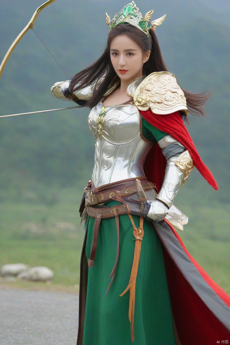  1girl,big breasts, solo, gloves,long hair, focusing intensely,Hold the iron tire bow with the left hand and draw a bow and shoot arrows, Wearing a jade crown, shining silver armor, and wearing a lion headband. Treading towards the sky with cow tendon boots; Wearing a crimson cloak on her shoulders, carrying a three foot green blade on her waist, coupled with her tall figure and resolute expression,clean white background,
, yaya