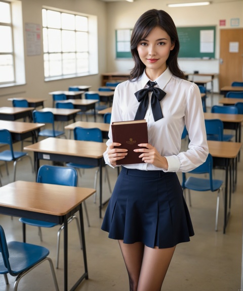  1girl,(The lady in the picture, as a teacher, exhibits her professionalism and elegance. She wears a white shirt paired with a Pantyhose, creating a look that is both formal and fashionable. At the neckline, she skillfully ties a black bow tie, adding a touch of brightness to the overall ensemble and highlighting her attention to detail and taste.

Her hair is black and flows naturally over her shoulders, appearing soft and shiny. It contrasts sharply with the white shirt and Pantyhose, further accentuating her gentle temperament.

In her hand, she holds a book:1.2), black-hair, Intellectually,Elegant, contrasting,necklace,light smile, looking at viewer, (natural skin texture, soft light, sharp), High resolution, chocolae light, duobaca, (straight-on,1.2), cinematic lighting,depth of field, Fujicolor, anatomically correct, textured skin, award winning, best quality, retina,duobaca,blue_IDphoto,ultra high details, wallpaper, best quality, ultra highres, 8K RAW photo, ultra high resolution, sharp focus, studio light, (photo realistic:1.4),(masterpiece, top quality, best quality, official art, beautiful and aesthetic:1.2)(nsfw:1.4)(full body:1.5),high heels,(Panoramic photos:1.4),(Panoramic view of pigsty:1.3)(pencil skirt:1.2)(Standing in the classroom:1.3)