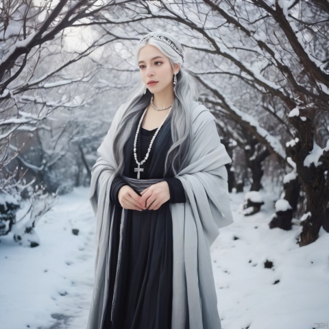  (best quality), (real), (masterpiece), absurdres, realistic, 1girl, goddess, very long hair, silver hair, white hairband, big chest, crystal earrings, cross necklace, dark lorita clothing, big scarf, big braid, winter, snowy day, Greece