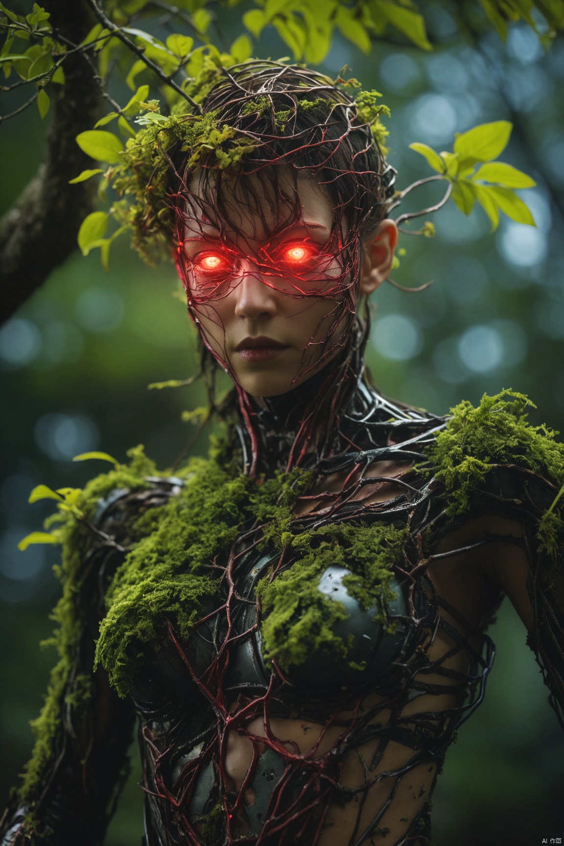  excellent lighting, super detail, depth of field, science fiction, colorful, masterpiece, best quality, ((high saturation)),((ultra-detailed)), Fujifilm, depressed, (Obsidian and Ruby),(Cyberpunk Treeman), (Treegirl), metal leaves, wired branches, glowing light eyes, mechanical bark, with moss-covered bark, tendrils extending from the body, Neon lights on the body, (Lightning around branches and leaves), (Tabebuia chrysantha), Soft and delicate petals, ultra fine, (realistic, photo realistic, (photo realistic:1.5)), wind, fire, electricity, glowing, 1girl, (full body:1.2)