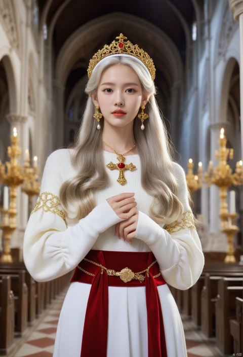 (best quality), (real), (masterpiece), absurdres, realistic, 1girl, goddess, very long hair, silver hair, white hairband, golden big earrings, white sweater, perfect face, perfect eyes, beautiful big eyes, round eyes, perfect legs, perfect arms, perfect hand, red lips, shallow mile in costume, cross necklace, baroque church, perfect long sword, belt