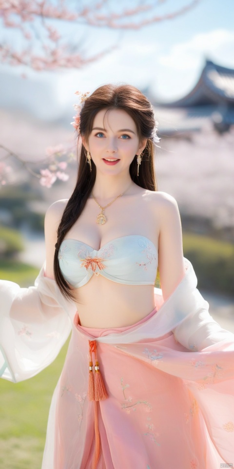  A girl,skirt,jewelry,long_hair,necklace,earrings,perfect body,standing,large breasts,looking at viewer,chinese clothes,china dress,hanfu,cherry_blossoms,in spring,sunny,sunny,wind,cloud,bright, nicehand