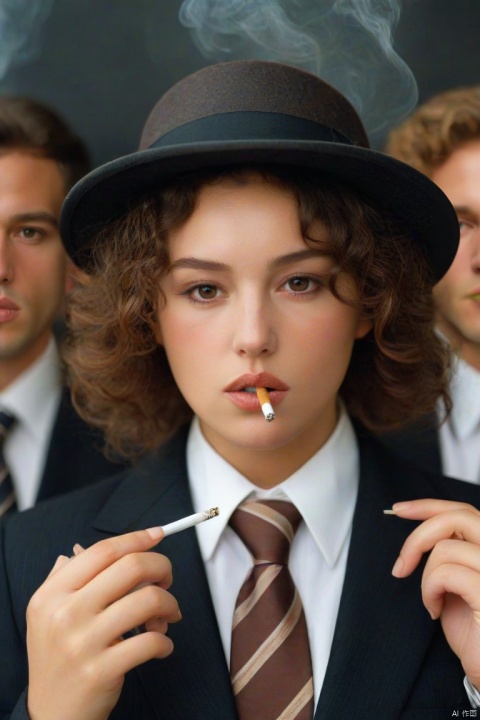 1girl, brown hair, hat, multiple boys, necktie, solo focus, lips, formal, suit, 6+boys, curly hair, cigarette, realistic, smoking, lighter
