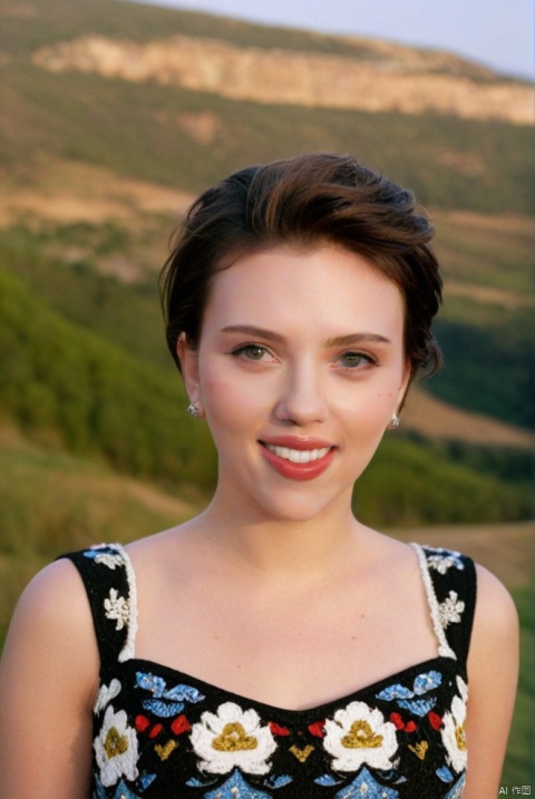  beautiful girl standing with beautiful vally in background, age 20, black short hair, waist shot, dynamic pose, smiling, dressed in fashion outfit, beautiful eyes, sweet makeup, 35mm lens, beautiful lighting, photorealistic, soft focus, kodak portra 800, 8k, Scarlett Johansson