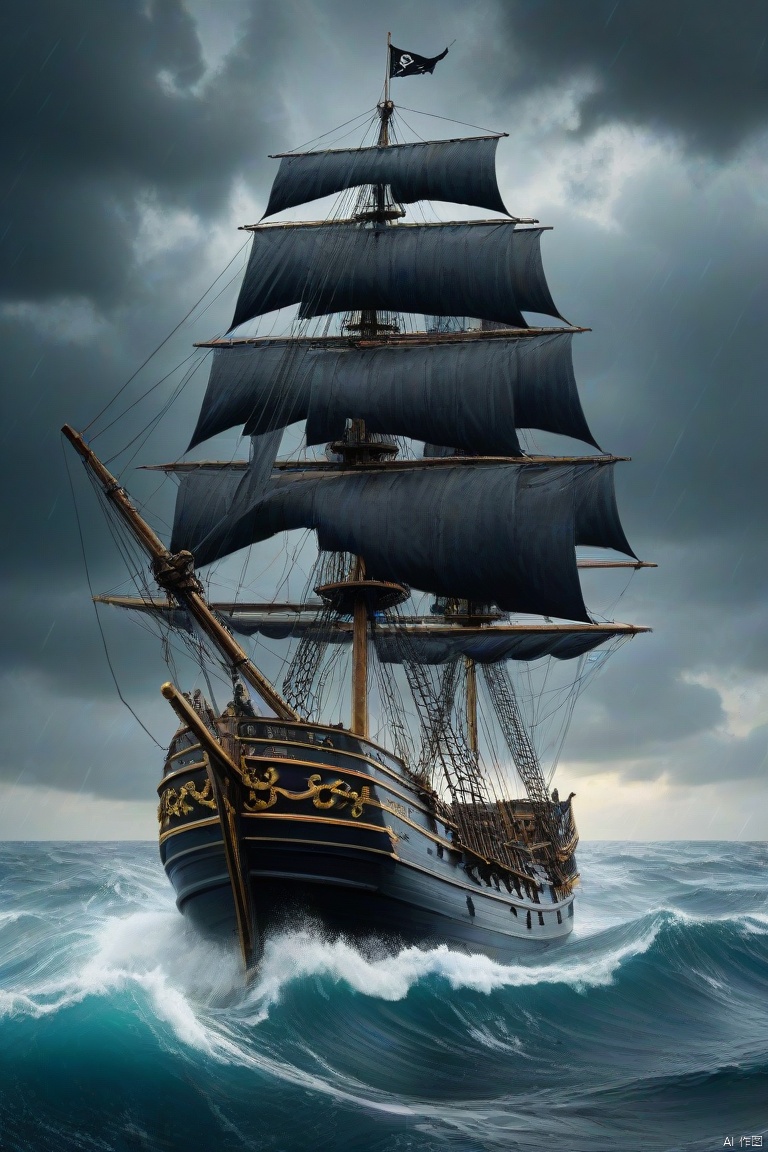 Realistic, hyper detailed, award winning masterpiece, full body portrait, ((ultra-high resolution 16k intense color portrait)), in the deep ocean, rough sea waves a large pirates ship with a black skull flag on top, ultra realistic, Hyper, vibrant light, storm, clouds, lightning, rough weather cinematic background
