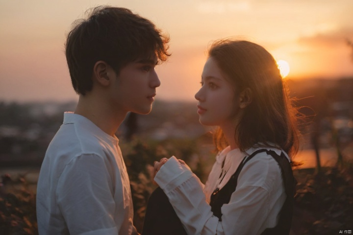  thoughtful young couple, (romantic photography), deep in conversation, sunset backdrop, soft focus, 8k, 4k, natural lighting, candid expressions, cinematic composition, emotional depth