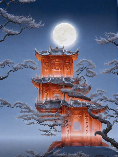  jingjing, no humans, tree, moon, full moon, architecture, bare tree, reflection, east asian architecture, scenery, night, outdoors, sky,
