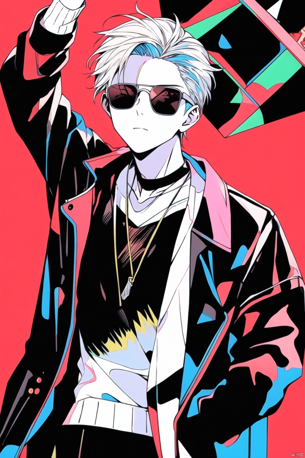  //
( code background), (data background,:1.2),
//
multicolored_background,red and white background,sam yang, (1boy:1.3), (short white hair,hair slicked back,:1.2)black sunglasses, expressionless,cowboy shot, no_eyes,(colored inner hair, colored_tips,:1.2), shota, ink style, Light-electric style, (\shuang hua\), 372089, flat, cozy animation scenes