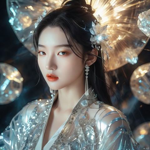  cinematic, fashion photo of a beautiful girl named yang ying in the style of neomorphism, the transformation of minerals into polymorphs, glowing crystals, hyper detailed, photorealistic, detailed glow, ambient occlusion, ambient light