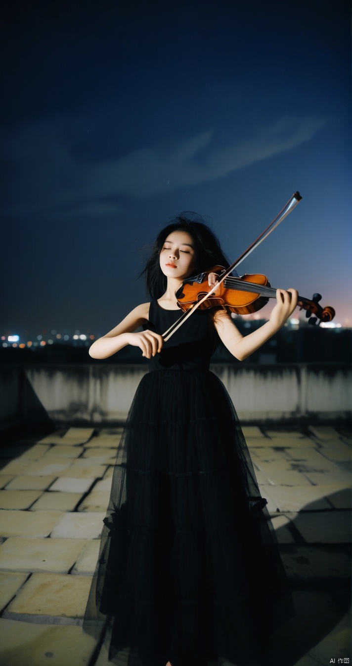 leogirl,a young girl playing the violin on the roof of a building,dark environment,in the dark,deep shadow,a very atmospheric scene,Chinese girl,slender figure,the evening breeze ruffled her hair,long black hair,blurry_foreground,depth of field,Raw photo,light through out from shadowmotion blur.Shaky Camera,flashy,dynamic posedreamy,wind,black theme,film grain,grainy,eyes closed,double exposure,tile shift,(upward perspective:1.3),(full body:1.3),flat roof,venerable roof,a cinematic atmosphere,triangular composition,(look up view:1.3),long black tulle dress,best quality,8k,hazy and beautiful,night,shoot from the bottom up,wide-angle lens,
