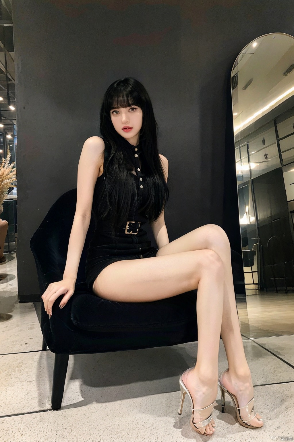  masterpiece, detailed, detailed face, reference, 1girl,full body, solo,tall, pretty, black hair, brown eyes,dress, transparent high heels,legs,feet,toes,sitting, chair,cafe,looking at viewer, ,1girl,Gaping *****,***** Big dildo quiron style