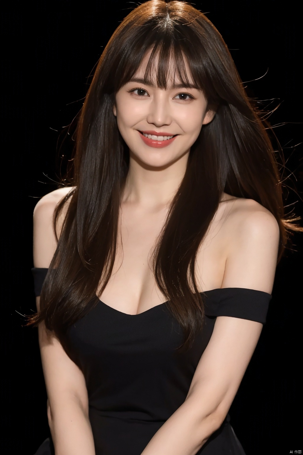  1 girl, solo, dress, black background, full body, long hair, chest, cleavage, large chest, collarbone, smile, brown hair, bangs, short sleeves, front