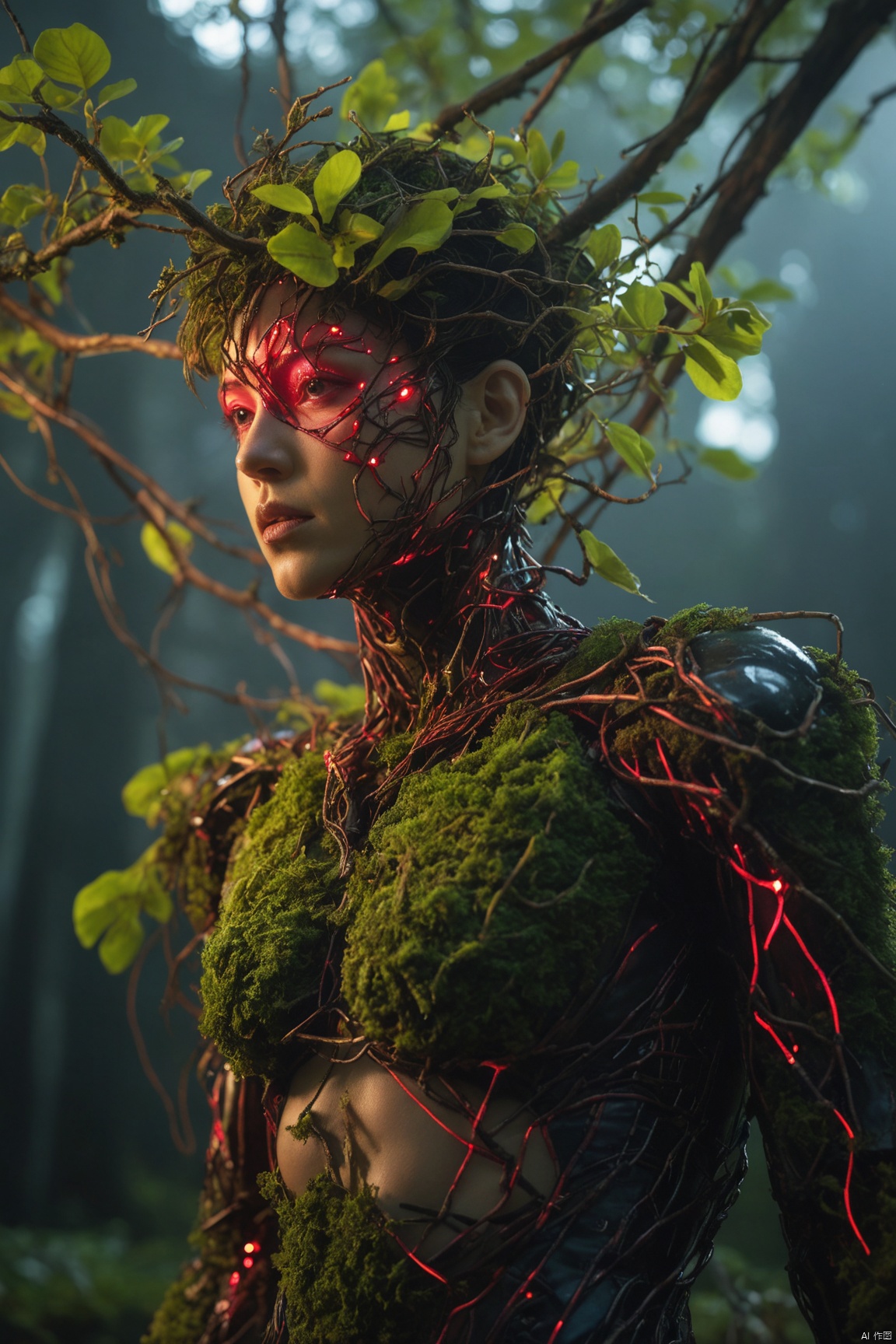  excellent lighting, super detail, depth of field, science fiction, colorful, masterpiece, best quality, ((high saturation)),((ultra-detailed)), Fujifilm, depressed, (Obsidian and Ruby),(Cyberpunk Treeman), (Treegirl), metal leaves, wired branches, glowing light eyes, mechanical bark, with moss-covered bark, tendrils extending from the body, Neon lights on the body, (Lightning around branches and leaves), (Tabebuia chrysantha), Soft and delicate petals, ultra fine, (realistic, photo realistic, (photo realistic:1.5)), wind, fire, electricity, glowing, 1girl, (full body:1.2)