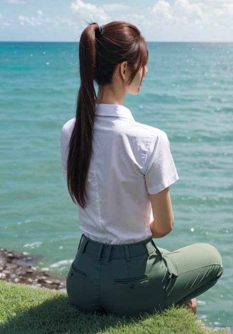  1girl,solo, long hair, brown hair, shirt,

sitting, white shirt, ponytail, male focus, outdoors, pants, water, from behind, ocean, grass, girl