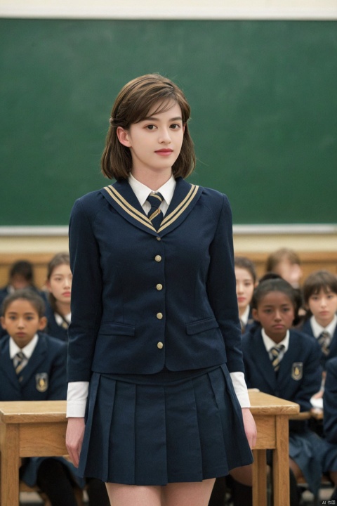  ((Masterpiece)), ((Best Quality)),80s style, Super High Resolution, 1 Girl, Medium Shot, Busty, Looking at the Audience, School, School Uniform, JK Uniform, Solo, Anne Hathaway