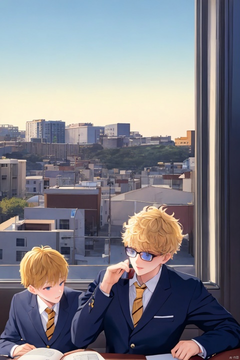  School uniform, teenager, handsome, listless, in the study,masterpiece, best quality, day, cityscape, beautiful detailed sky, boy, little boy, mature, short hair, blonde hair, disheveled hair, asymmetrical bangs, looking to the side , blue eyes, glasses, holding book, sboe, lhj