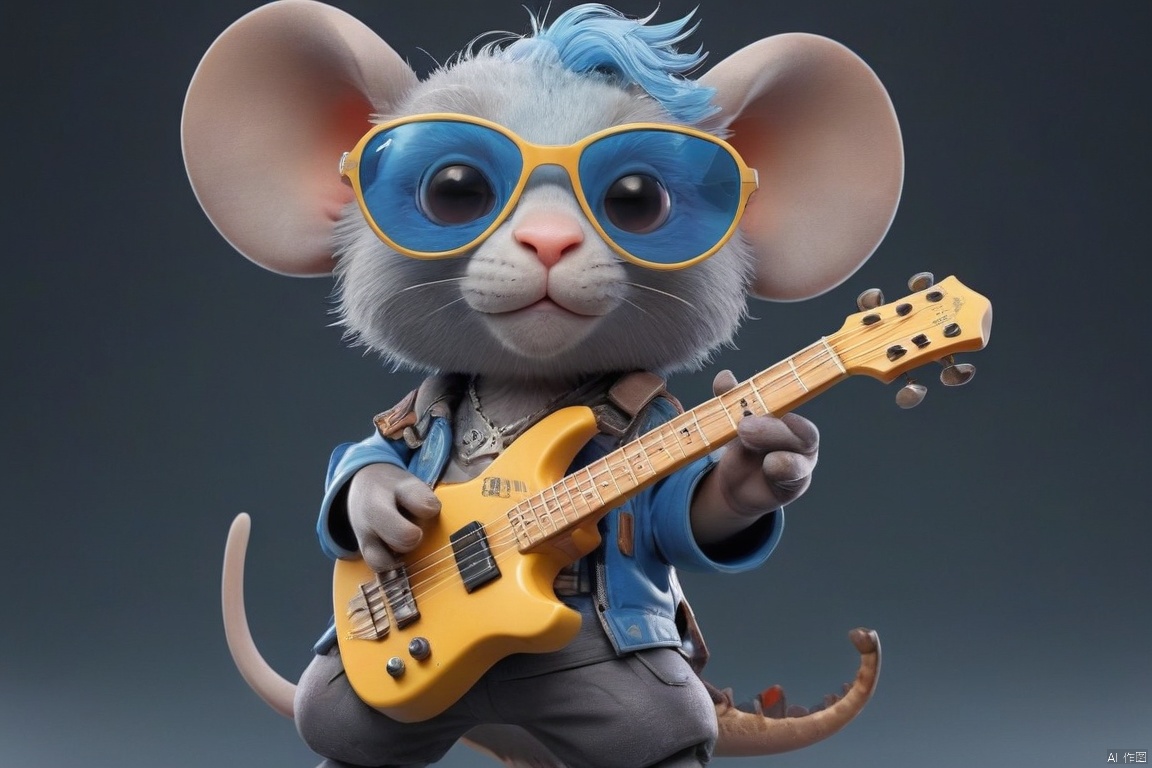  Surreality, a blue mouse Rex, (cute, wearing sunglasses), holding a concert, (playing lute, punk attire), rock music, 3D, C4D, smooth surface, exquisite details, mixed style, 3DIP