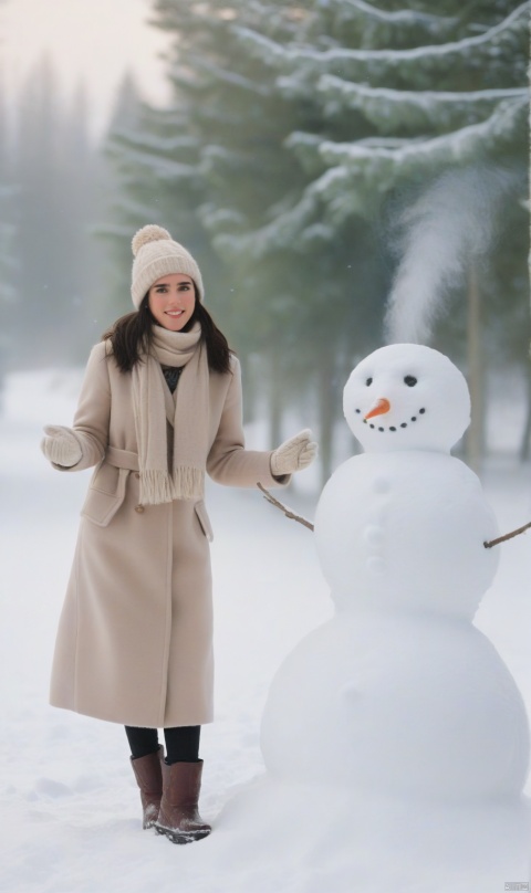  1girl, snowy winter wonderland, frosty trees and ground covered in snow, steam rising from her breath as she exhales, woolen coat and scarf to protect from the cold weather. Snow boots on her feet. Cute hat on her head. Joyful expression on her face as she builds a snowman. Photo of a cute 24 years old winter sports enthusiast girl. Cinematic shot with soft focus on her face. Warm colors in the background. Cute face looking at viewer., Jennifer Connelly