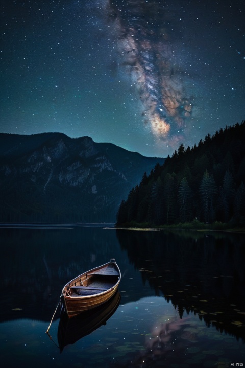  Deep night,serene lake,small wooden boat,starry sky,reflections of stars in the lake,boat floating as if on a milky way, dark color tones,soft moonlight,subtle ripples in the water,calm atmosphere,tranquil solitude,impressionistic style, (masterpiece, best quality, perfect composition, very aesthetic, absurdres, ultra-detailed, intricate details, Professional, official art, Representative work:1.3)