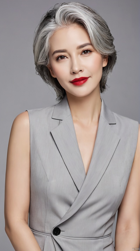  40-year-old slightly plump gray-haired female model,Clear facial features,Clear hair,full-body shot,Plump and plump,business attire,red lips,Heavy makeup,Stylish hairstyle,Become a god,Perfect body,High cooling temperament,8K HD photo,Ultra-clear portraits,