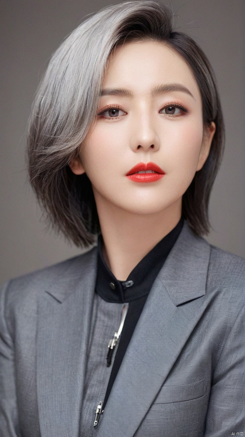  40-year-old slightly plump gray-haired female model,Clear facial features,Clear hair,full-body shot,Plump and plump,business attire,red lips,Heavy makeup,Stylish hairstyle,Become a god,Perfect body,High cooling temperament,8K HD photo,Ultra-clear portraits, yaya