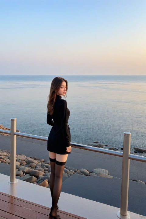  Girl in black stockings standing on the bridge looking at the sea, The style is realistic and stylized, cabincore, animated gif, atmospheric device, light gray and bronze, painting, rinpa school,  Dasha Taran