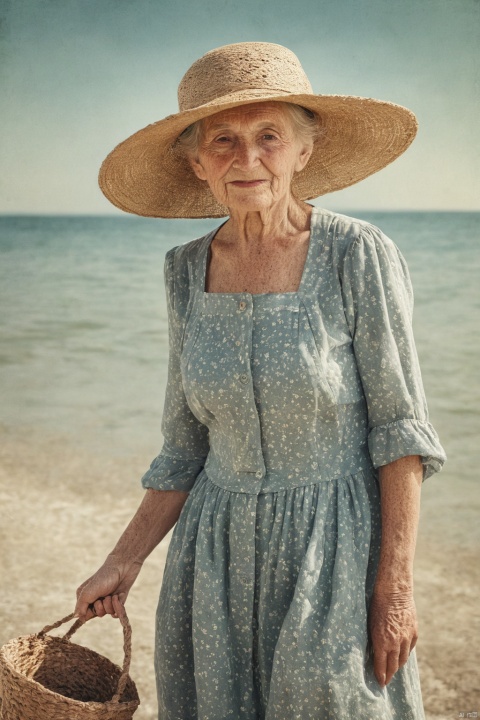  1 18 years old woman, full body photo, at the seaside, wearing a sun hat, photographic texture, realistic,freckles,