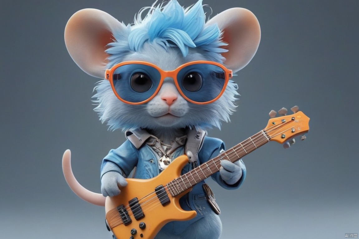  Surreality, a blue mouse Rex, (cute, wearing sunglasses), holding a concert, (playing lute, punk attire), rock music, 3D, C4D, smooth surface, exquisite details, mixed style, 3DIP