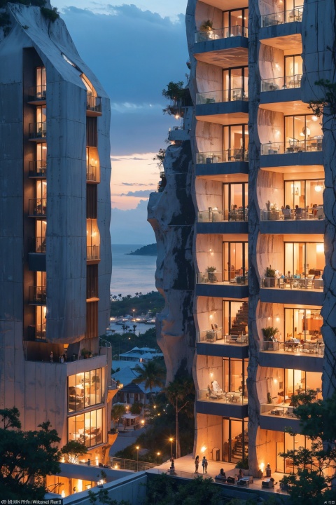 A futuristic seaside city at sunset, blending modernity with nature, with floating buildings and glass curtain walls reflecting the evening glow, where people leisurely stroll on the beach. A tropical seaside city, with white sands, azure seas, and lush greenery, featuring an eco-friendly high-tech residential area powered by sustainable energy.