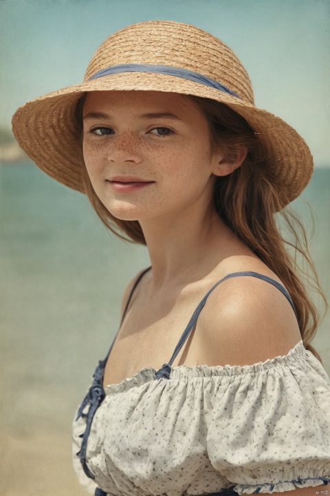  1 18 years old girl, full body photo, at the seaside, wearing a sun hat, photographic texture, realistic,freckles,
