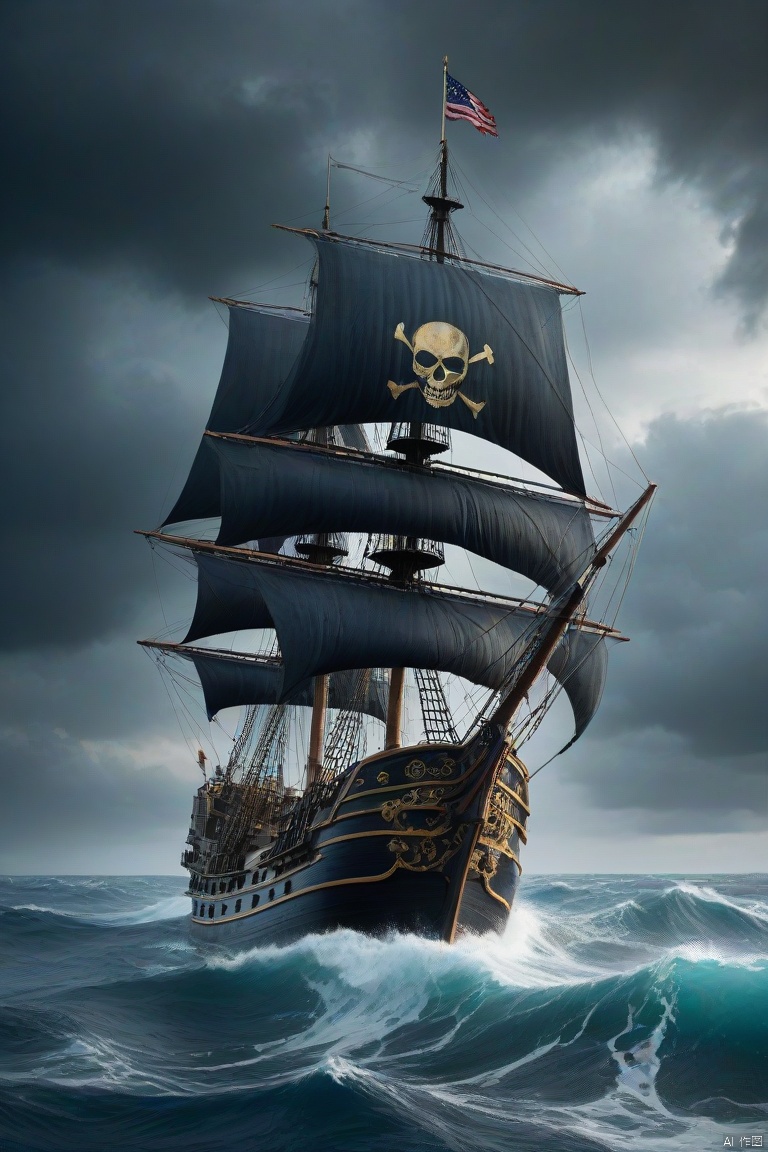  Realistic, hyper detailed, award winning masterpiece, full body portrait, ((ultra-high resolution 16k intense color portrait)), in the deep ocean, rough sea waves a large pirates ship with a black skull flag on top, ultra realistic, Hyper, vibrant light, storm, clouds, lightning, rough weather cinematic background