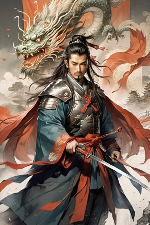  1man,Majestic Ming Dynasty general, armored in a battle suit with embroidered dragon motifs, wielding a trusty sword, and cloaked with a cape, his expression resolute. The backdrop features a battlefield scenery, flags fluttering, with high contrast and high definition to depict the ambiance of wartime epic, happy,
, Silverjoe
