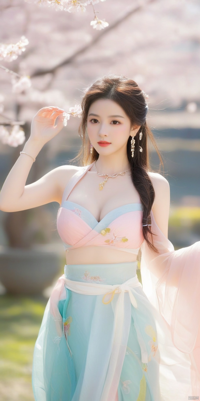  A girl,skirt,jewelry,long_hair,necklace,earrings,perfect body,standing,large breasts,looking at viewer,chinese clothes,china dress,hanfu,cherry_blossoms,in spring,sunny,sunny,wind,cloud,bright, nicehand