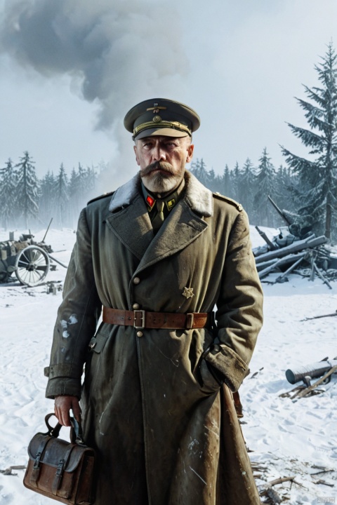  (Image of German general during World War II: 1.2), marshal uniform, standing, full body, big beard, Iron Cross hanging on the chest, gold-rimmed peaked hat, telescope hanging around the neck, map bag under the arm, serious face, Standing in the trench, with a battlefield background covered with snow, in a fur collared coat, having a strategic discussion, with a pipe in his mouth, using a retro camera effect, traces of war damage are visible in the background, showing the aura of the commander, movie scene, movie shot , cinematic lighting, volumetric lighting, hyper-detailed, highly detailed, ultra-detailed, realistic, hyper-realistic, ultra-realistic, HD, IMAX, 8K resolution, super-resolution, sharp focus, magnificent, best quality, masterpiece.,