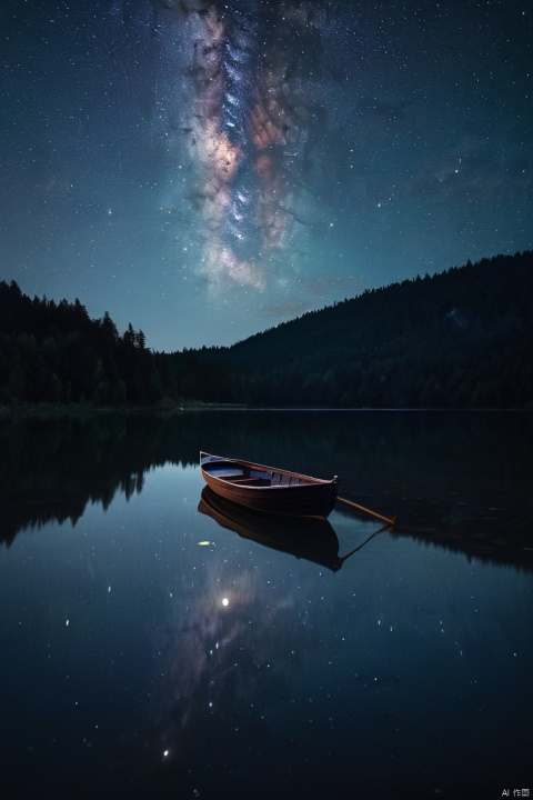  Deep night,serene lake,small wooden boat,starry sky,reflections of stars in the lake,boat floating as if on a milky way, dark color tones,soft moonlight,subtle ripples in the water,calm atmosphere,tranquil solitude,impressionistic style, (masterpiece, best quality, perfect composition, very aesthetic, absurdres, ultra-detailed, intricate details, Professional, official art, Representative work:1.3)
