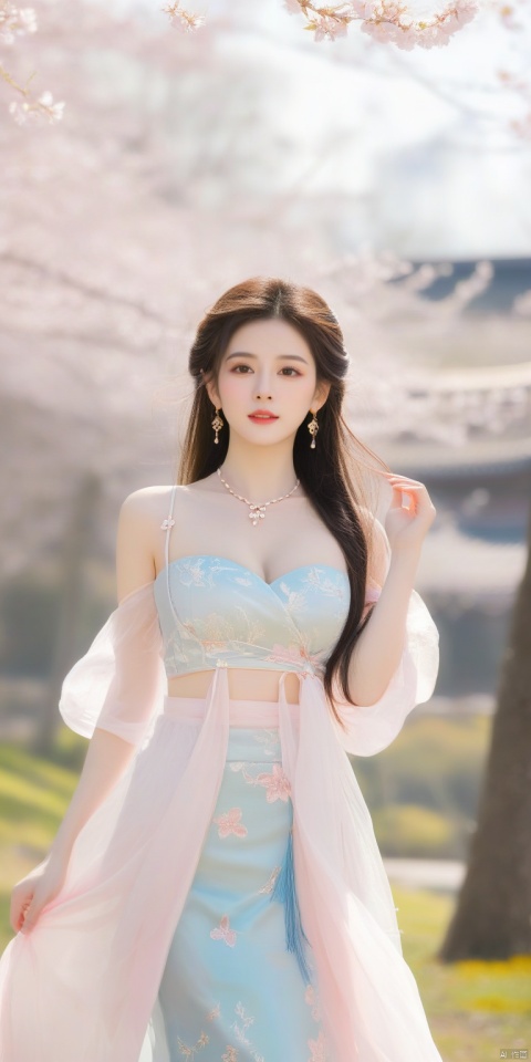  A girl,skirt,jewelry,long_hair,necklace,earrings,perfect body,standing,large breasts,looking at viewer,chinese clothes,china dress,hanfu,cherry_blossoms,in spring,sunny,sunny,wind,cloud,bright, nicehand