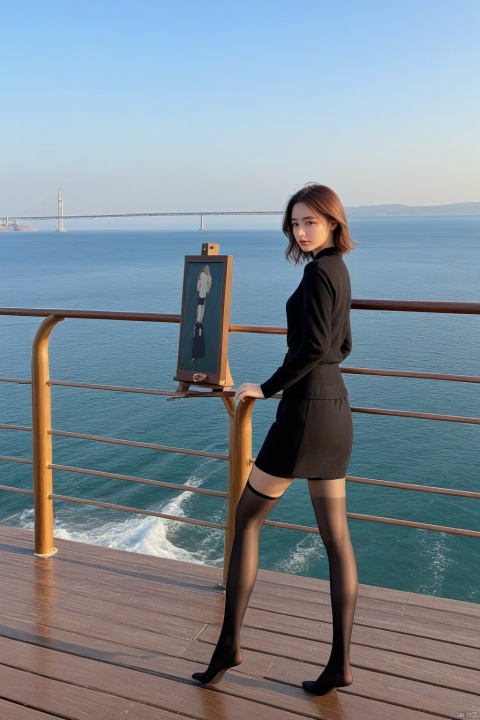  Girl in black stockings standing on the bridge looking at the sea, The style is realistic and stylized, cabincore, animated gif, atmospheric device, light gray and bronze, painting, rinpa school,  Dasha Taran