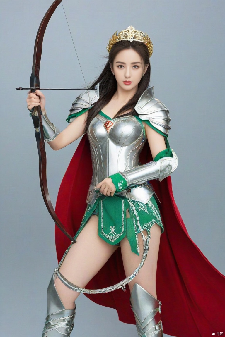  1girl,big breasts, solo, gloves,long hair, focusing intensely,Hold the iron tire bow with the left hand and draw a bow and shoot arrows, Wearing a jade crown, shining silver armor, and wearing a lion headband. Treading towards the sky with cow tendon boots; Wearing a crimson cloak on her shoulders, carrying a three foot green blade on her waist, coupled with her tall figure and resolute expression,clean white background,
, yaya