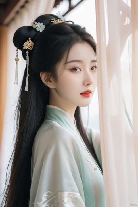 Chinese girl,Cover your face with simlebehind a silk curtain, frontview, half body short.exquisite clothing detail, (Long hair.),  Leave a lot of white space, zen,  graphic,Chinese ancient architecture, hanfu