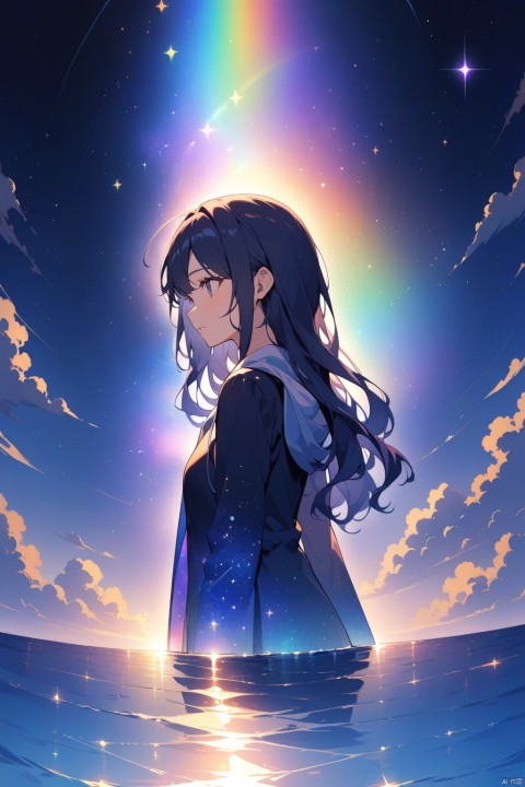  1 girl, lovely, long hair, closeup, portrait, upper body, face from left side, on the sea, under the starry sky, the sea reflects the starry sky, rainbow color light reflected on the girl's face, sparkling lights, magical atmosphere, pointillism, Silhouette view, Cosmic wonders, Mysterious and colorful, nebula light, cosmic light, galactic light, Astronomical view, Macroscopic perspective, perspective view, masterpiece, Illustration