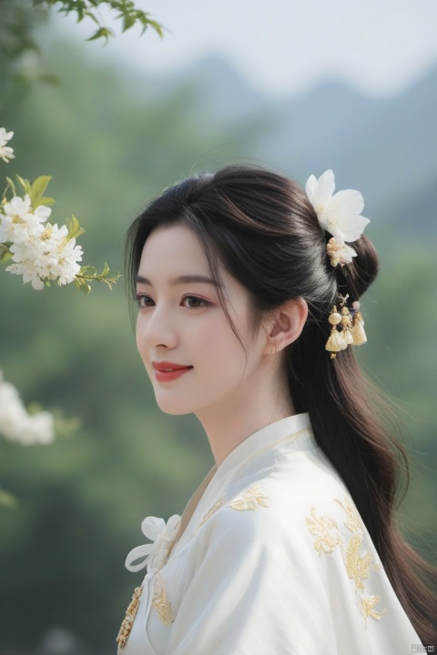 best quality, masterpiece,cowboy_shot,(Good structure),,a girl,xianjing,Off-the-shoulder, bust photo,upper body,Hanfu, Cloud, Smoke,branch,flower, smile,Gaze at the audience, Ink scattering_Chinese style, ((poakl)), ,looking_at_viewer,kind smile, , chinese dress,white dress, liuyifei,long_hair, Anne Hathaway,