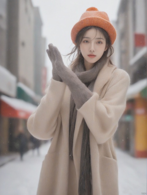  1girl,Exaggerated perspective , ultra wide shot,reaching out hand,foreshortening, on the tokyo street, realistic, highres, female focus, solo,snowy day, scarf, hat, flying snow,