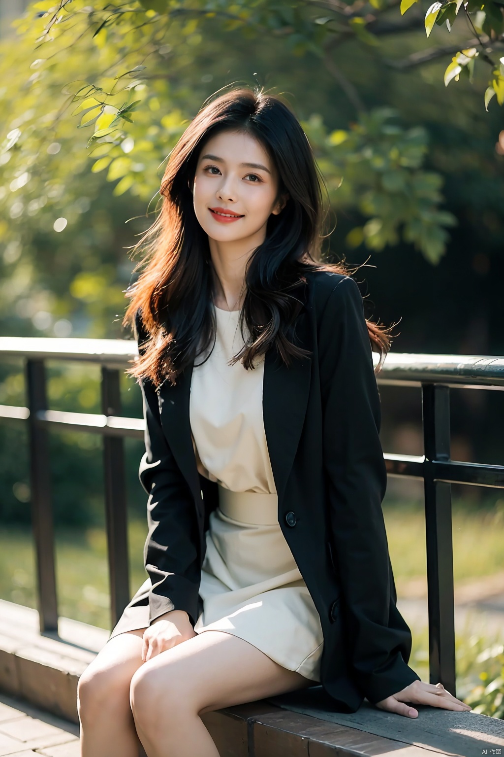  The image features a beautiful young Asian woman with long, dark hair sitting on a balcony with a cat in the background. The woman is looking into the camera with a smile on her face, her eyes sparkling with joy and contentment. Her hair is neatly styled and her makeup is natural yet enhance her features. She wears a black coat that complements her skin tone. The lighting in the image is natural and warm, casting a soft glow on the woman and the surrounding environment. The colors in the image are vibrant and rich, with the blue sky and green trees in the background providing a beautiful contrast to the woman and the cat. The style of the image is casual yet elegant, with the woman's outfit and the setting creating a relaxed and comfortable atmosphere. The quality of the image is excellent, with sharp details and smooth transitions between colors and tones. The woman's action in the image is sitting and smiling, with her hands resting on the railing. Her posture and facial expression convey a sense of happiness and contentment, as if she is enjoying a peaceful and pleasant moment. The woman's expression and the overall atmosphere of the image suggest a sense of relaxation and enjoyment. She seems to be in a good mood, perhaps enjoying a leisurely day or spending time with her cat. The image captures a moment of tranquility and happiness, making it a beautiful and memorable scene.,Film Photography